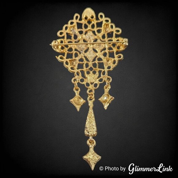 VTG Green Rhinestones & Enamel Filigree Dangles Victorian Style Gold Tone Brooch - Picture 5 of 8